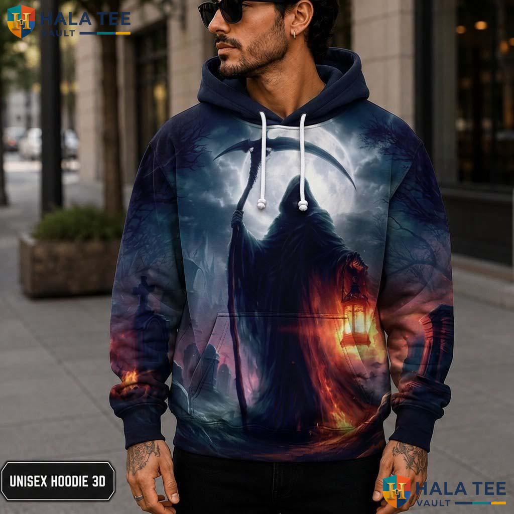 Moonlit Graveyard Reaper 3D Printed Hoodie Mysterious Gothic Skeleton Apparel