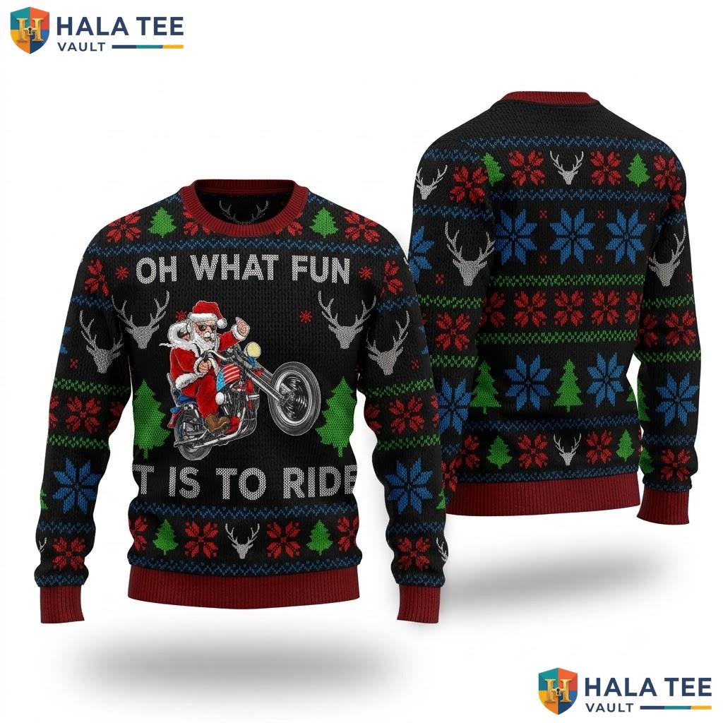 Motorcycle Santa Rider Christmas Sweater What Fun Ride Holiday Top