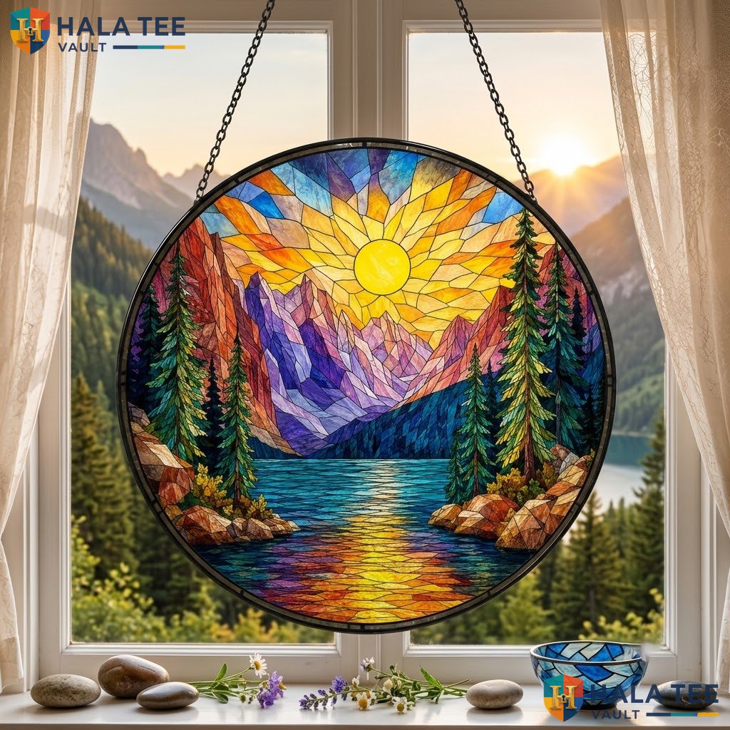 Mountain Landscape Halloween Stained Glass Suncatcher Vibrant Sunset Wall Art