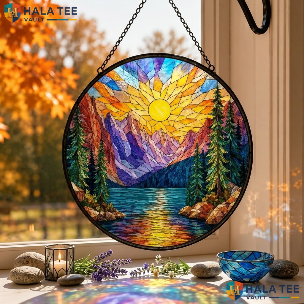 Mountain Landscape Halloween Stained Glass Suncatcher Vibrant Sunset Wall Art Adult