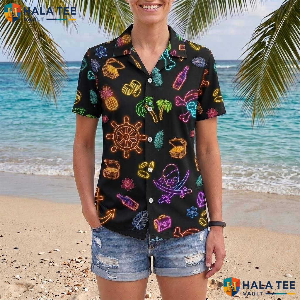 Multicolor Pirate Aloha Shirt Mens Funny Buccaneer Beach Vacation Top