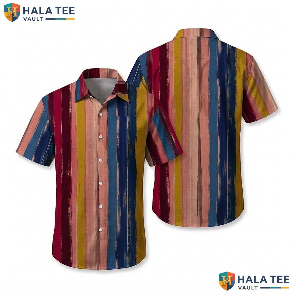 Multicolor Striped Hawaiian Shirt Mens Short Sleeve Aloha Vacation Top