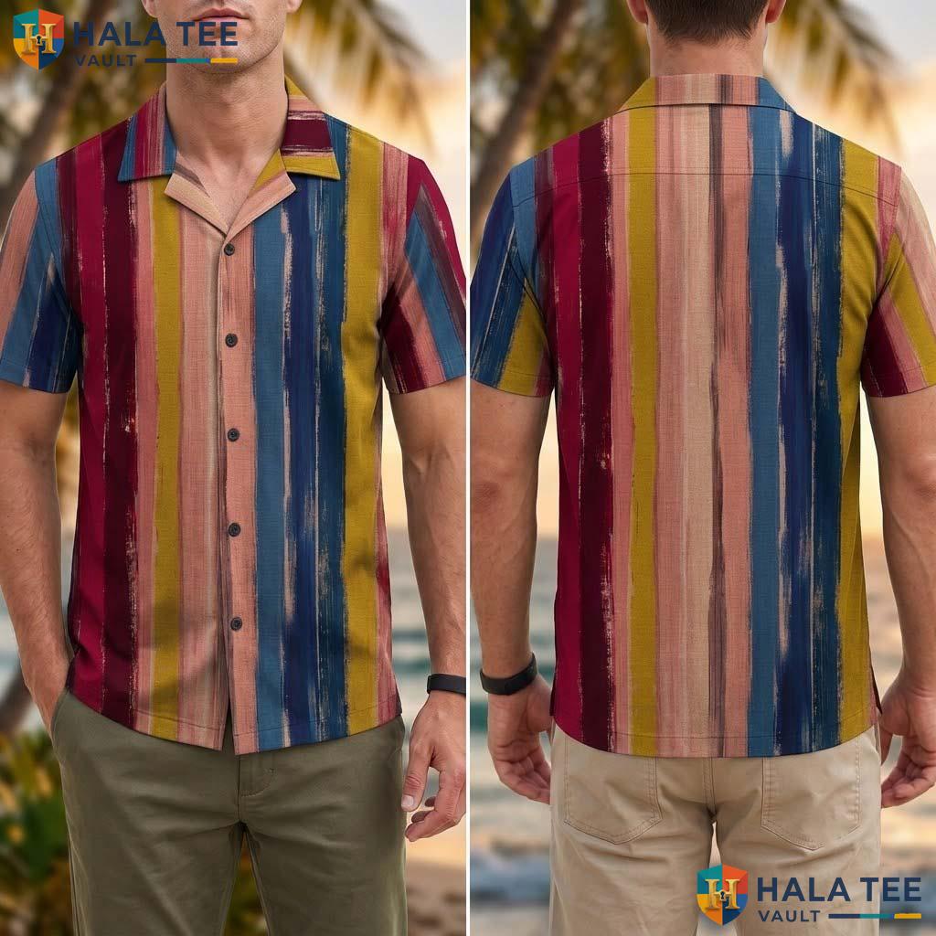 Multicolor Striped Tropical Shirt Mens Short Sleeve Aloha Vacation Top