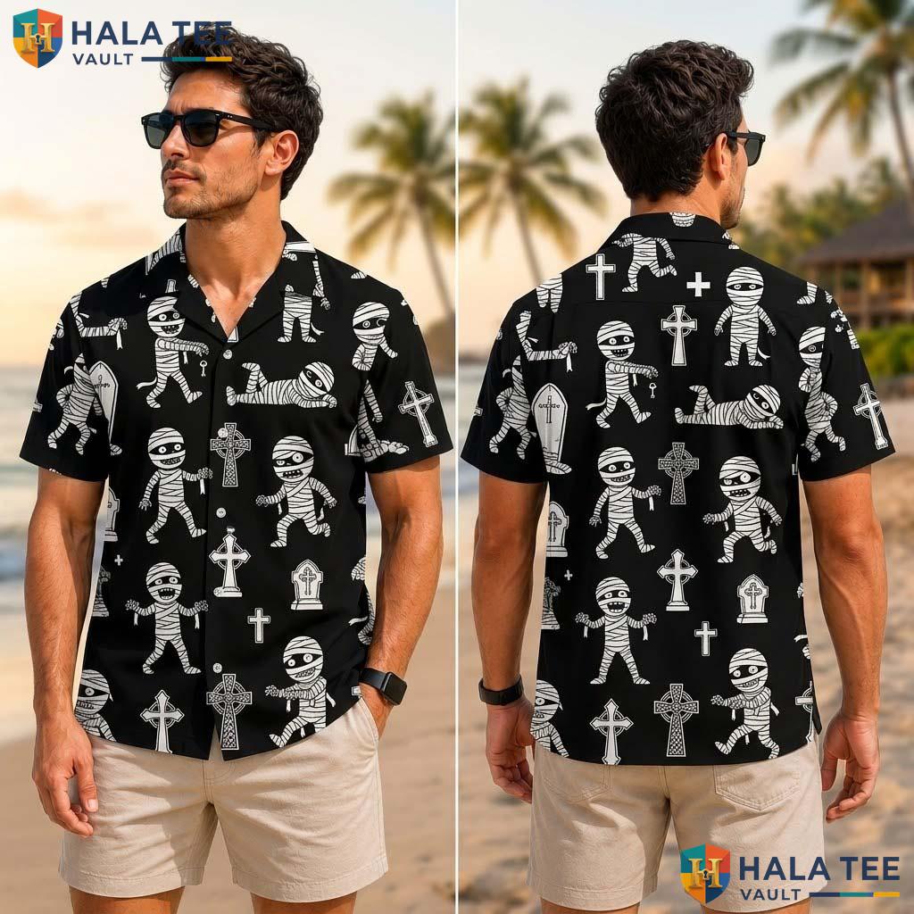 Mummy Graphic Farm Life Tropical Shirt Mens Aloha Button Down Summer