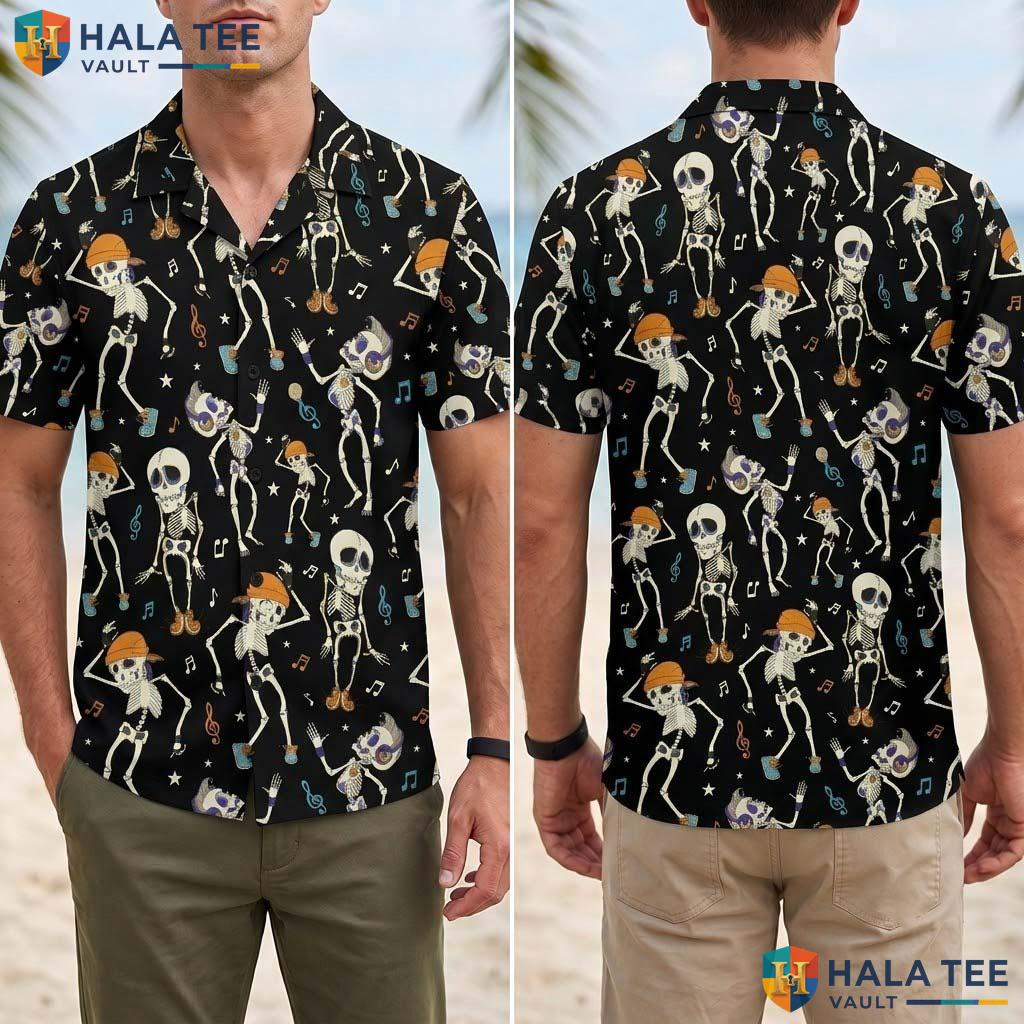 Music Skeleton Halloween Hawaiian Shirt Funny Spooky Party Aloha Top Adult