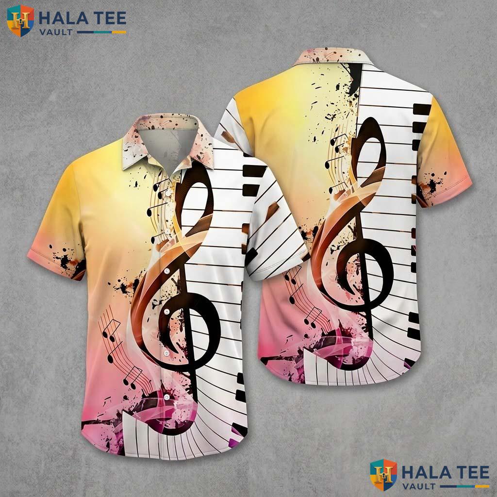 Musical Notes Aloha Shirt Vibrant Mens Button Down Music Themed Apparel