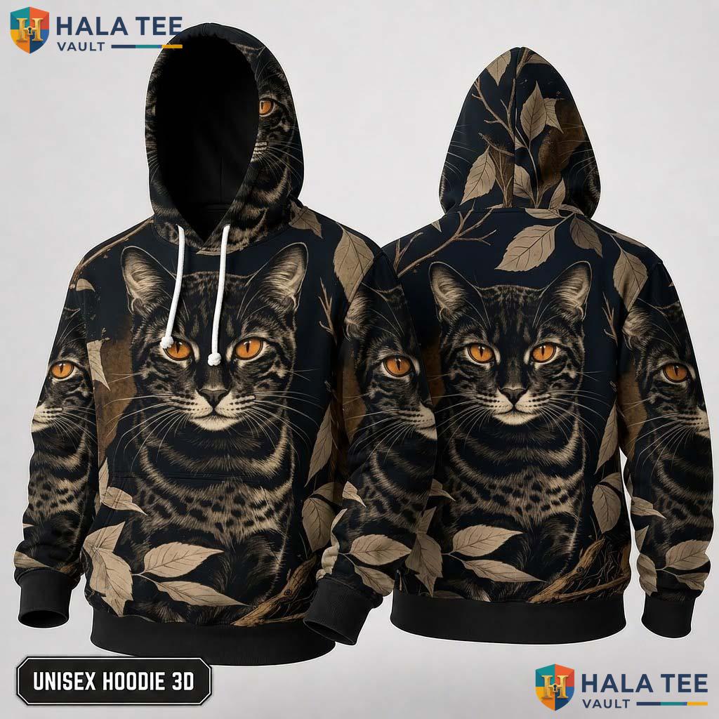 Mysterious Cat Earthy Thanksgiving 3D Hoodie Black Brown Leaves Top