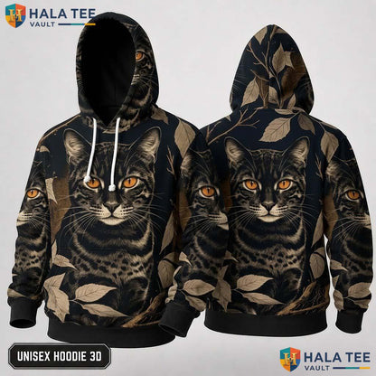 Mysterious Cat Earthy Thanksgiving 3D Hoodie Black Brown Leaves Top