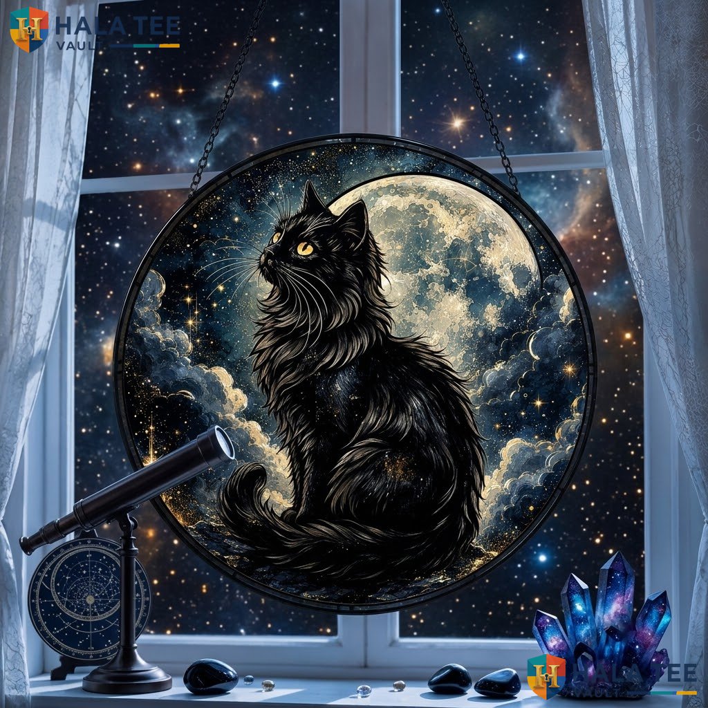 Mystical Black Cat Halloween Stained Glass Suncatcher Spooky Starry Ornament