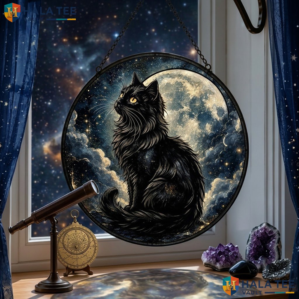 Mystical Black Cat Halloween Stained Glass Suncatcher Spooky Starry Ornament Adult