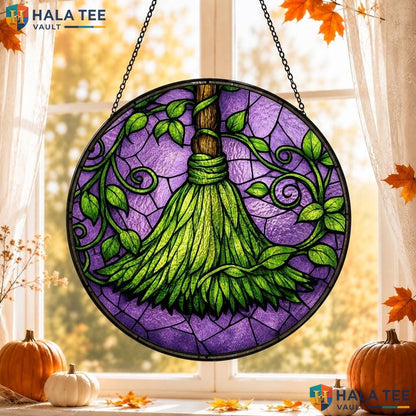 Mystical Broom Stained Glass Suncatcher, Spooky Dark Academia Wall Art