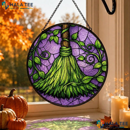 Mystical Broom Stained Glass Suncatcher, Spooky Dark Academia Wall Art Adult