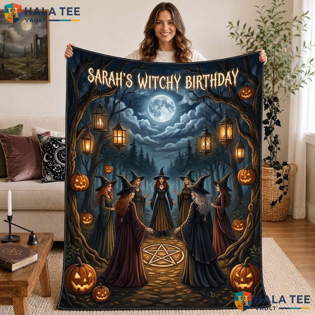 Mystical Witches Halloween Blanket Custom Name Fall Birthday Throw