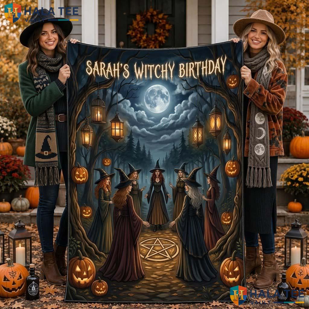 Mystical Witches Halloween Blanket Custom Name Fall Birthday Throw