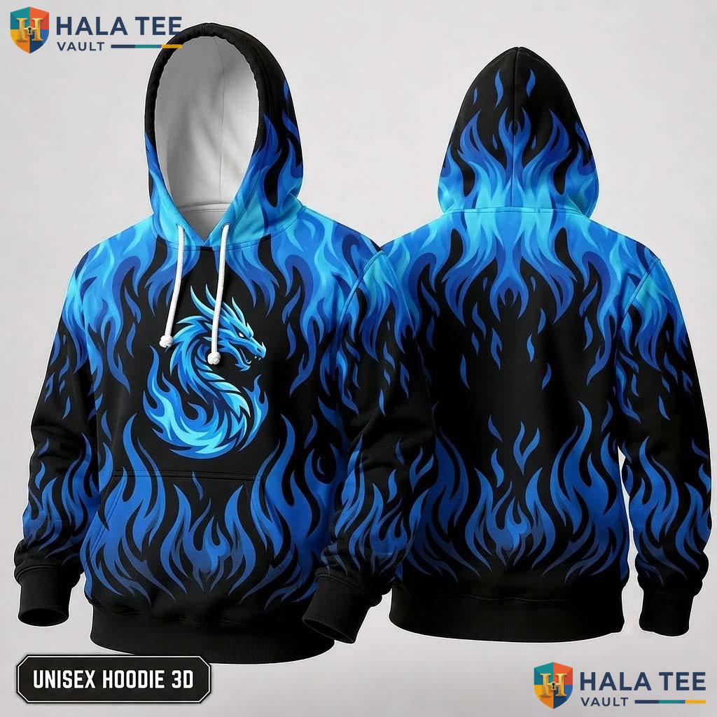 Mythical Blue Dragon 3D Hoodie Vibrant Blue Flames Graphic Sweatshirt