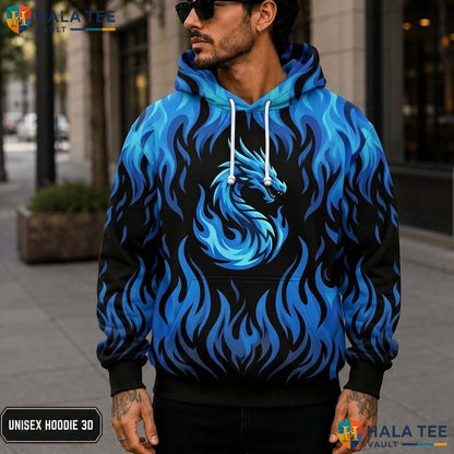 Mythical Blue Dragon 3D Printed Hoodie Vibrant Blue Flames Graphic Sweatshirt