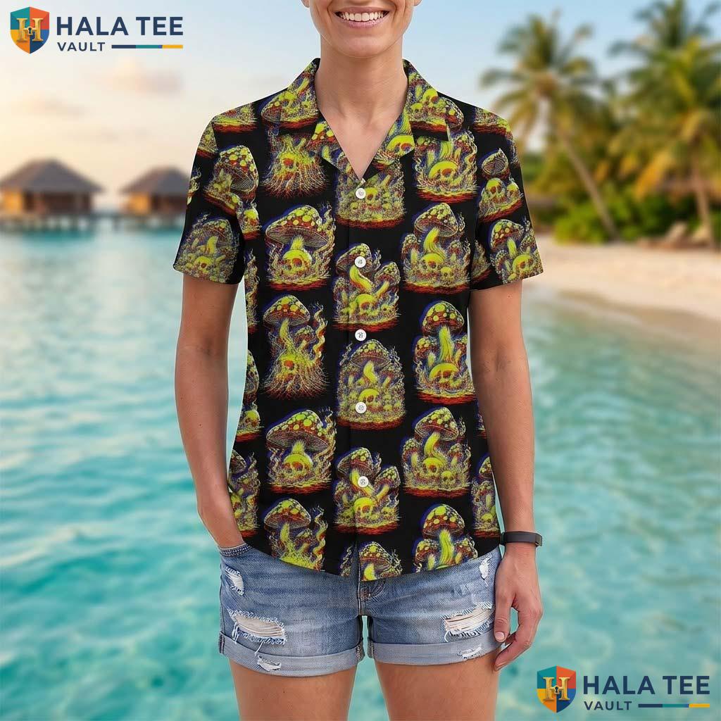 Nature Mushroom Halloween Hawaiian Shirt Psychedelic Skull Aloha Top Adult
