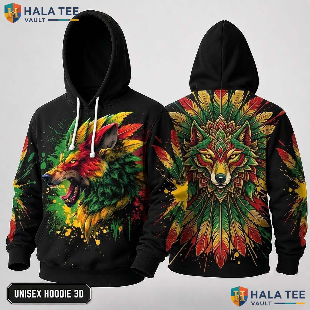 Nature Theme Rasta Wolf 3D Hoodie Vintage Vibrant Graphic Streetwear