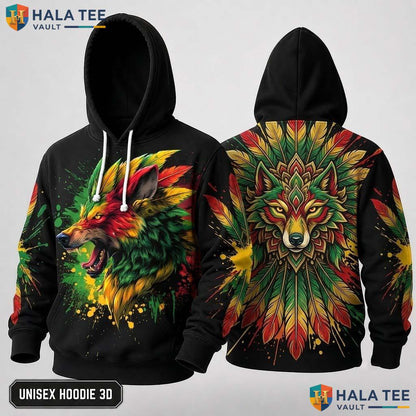 Nature Theme Rasta Wolf 3D Hoodie Vintage Vibrant Graphic Streetwear
