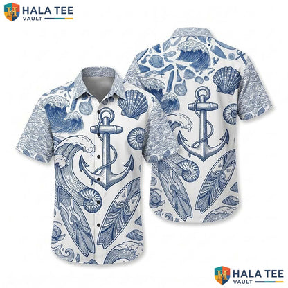 Nautical Anchor Hawaiian Shirt Mens Marine Design Casual Button Up Top