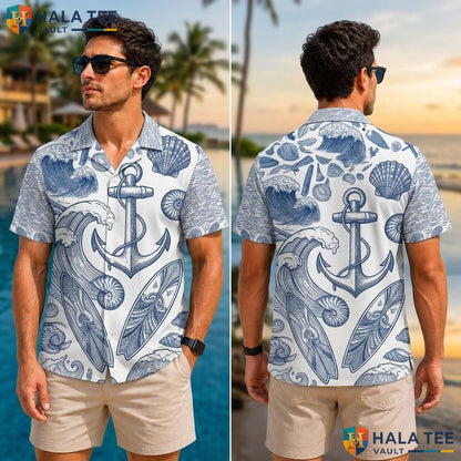 Nautical Anchor Tropical Shirt Mens Marine Design Casual Button Up Top