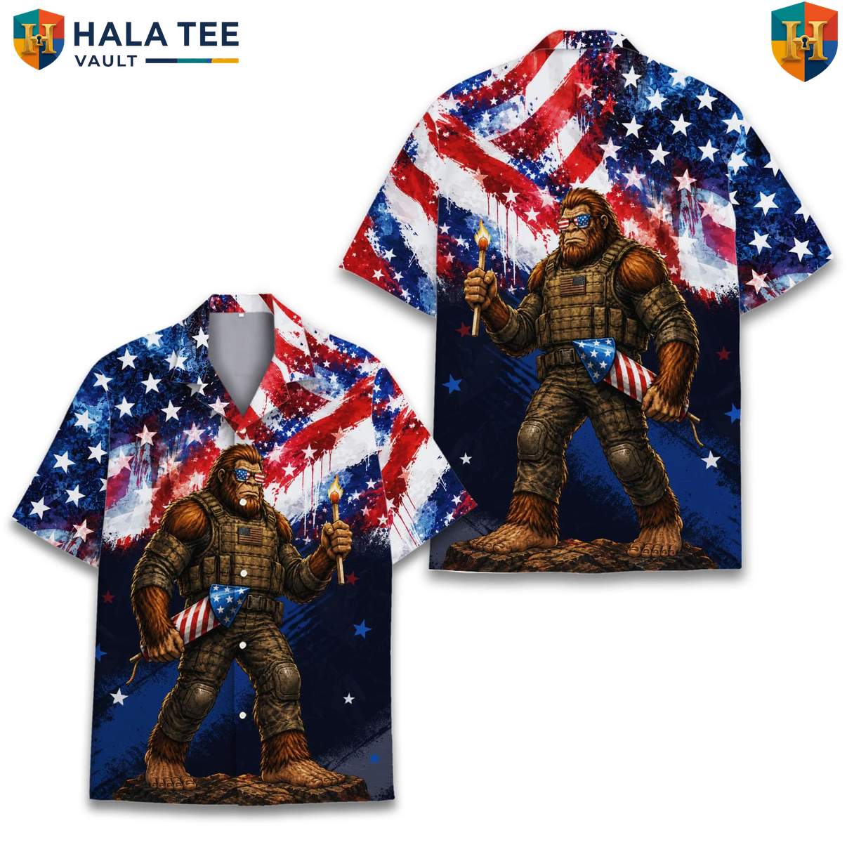 Navy Blue Bigfoot Short-sleeve button-up shirt Mens Sasquatch Tropical Cruise Resort Wear