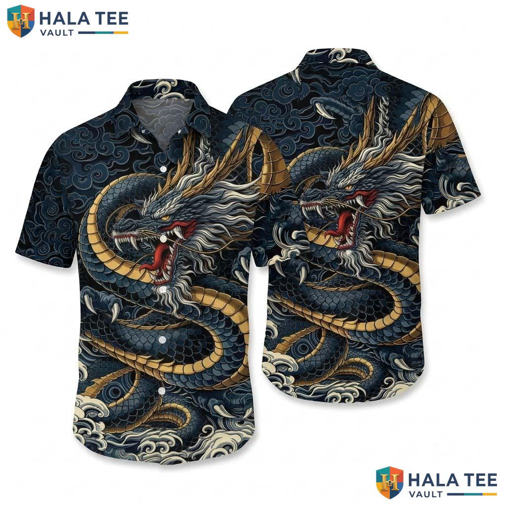 Navy Dragon Funny Hawaiian Shirt Mens Crazy Graphic Vacation Apparel