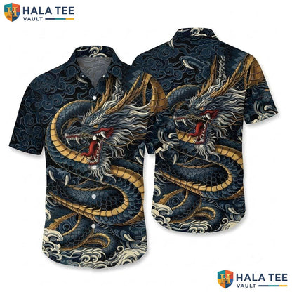 Navy Dragon Funny Hawaiian Shirt Mens Crazy Graphic Vacation Apparel