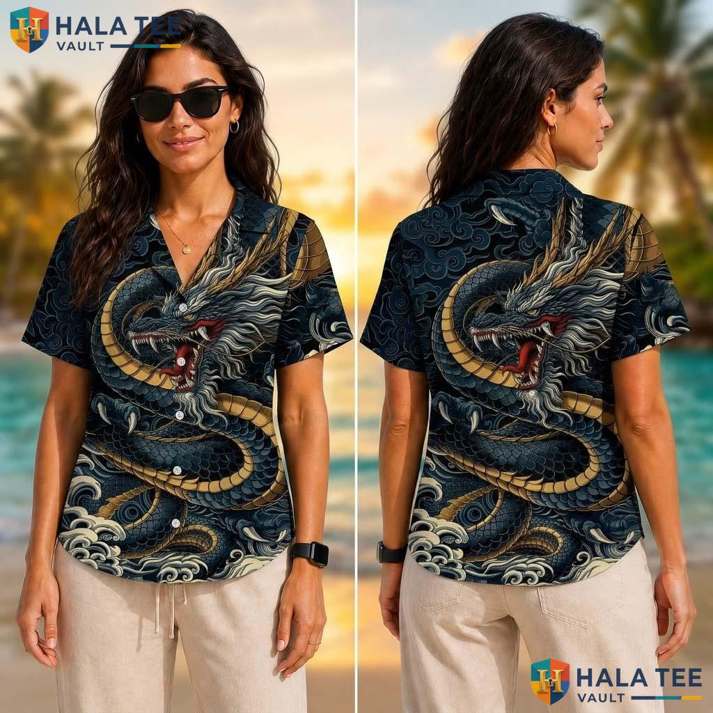 Navy Dragon Funny Tropical Shirt Mens Crazy Graphic Vacation Apparel