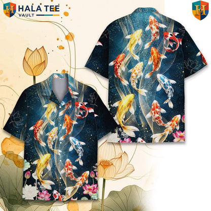 Navy Koi Fish Hawaiian Shirt Mens Short Sleeve Button Down Tropical Outfit