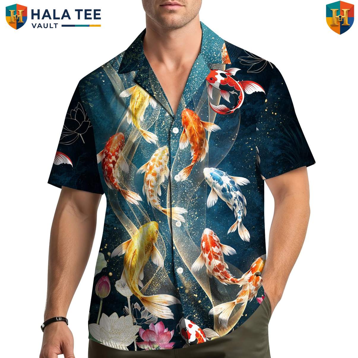 Navy Koi Fish Short-sleeve button-up shirt Mens Short Sleeve Button Down Tropical Outfit