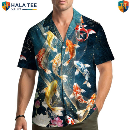 Navy Koi Fish Short-sleeve button-up shirt Mens Short Sleeve Button Down Tropical Outfit