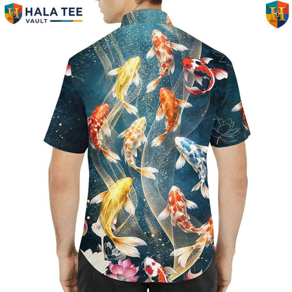 Navy Koi Fish Tropical Shirt Mens Short Sleeve Button Down Tropical Outfit