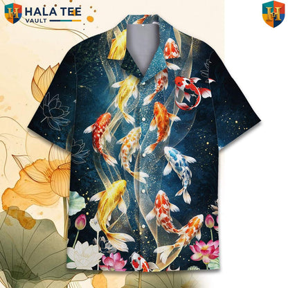 Navy Koi Fish Aloha Shirt Mens Short Sleeve Button Down Tropical Outfit
