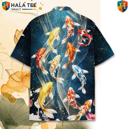 Navy Koi Fish Short-sleeve button-up shirt Mens Short Sleeve Button Down Tropical Outfit
