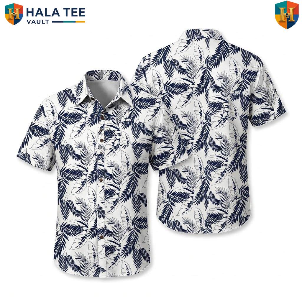 Navy Leaf White Aloha Shirt Mens Tropical Casual Summer Beachwear Top