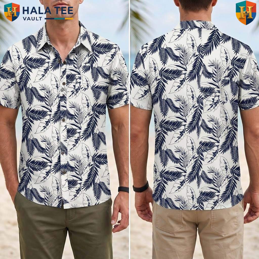 Navy Leaf White Aloha T-Shirt Mens Tropical Casual Summer Beachwear Top