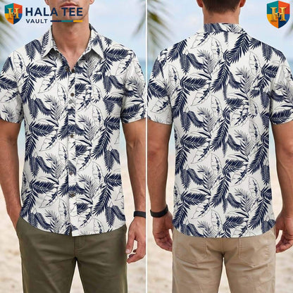 Navy Leaf White Aloha T-Shirt Mens Tropical Casual Summer Beachwear Top