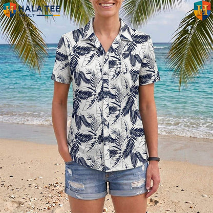 Navy Leaf White Aloha TShirt Mens Tropical Casual Summer Beachwear Top