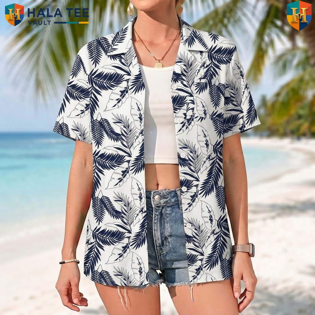 Navy Leaf White Aloha Tee Mens Tropical Casual Summer Beachwear Top
