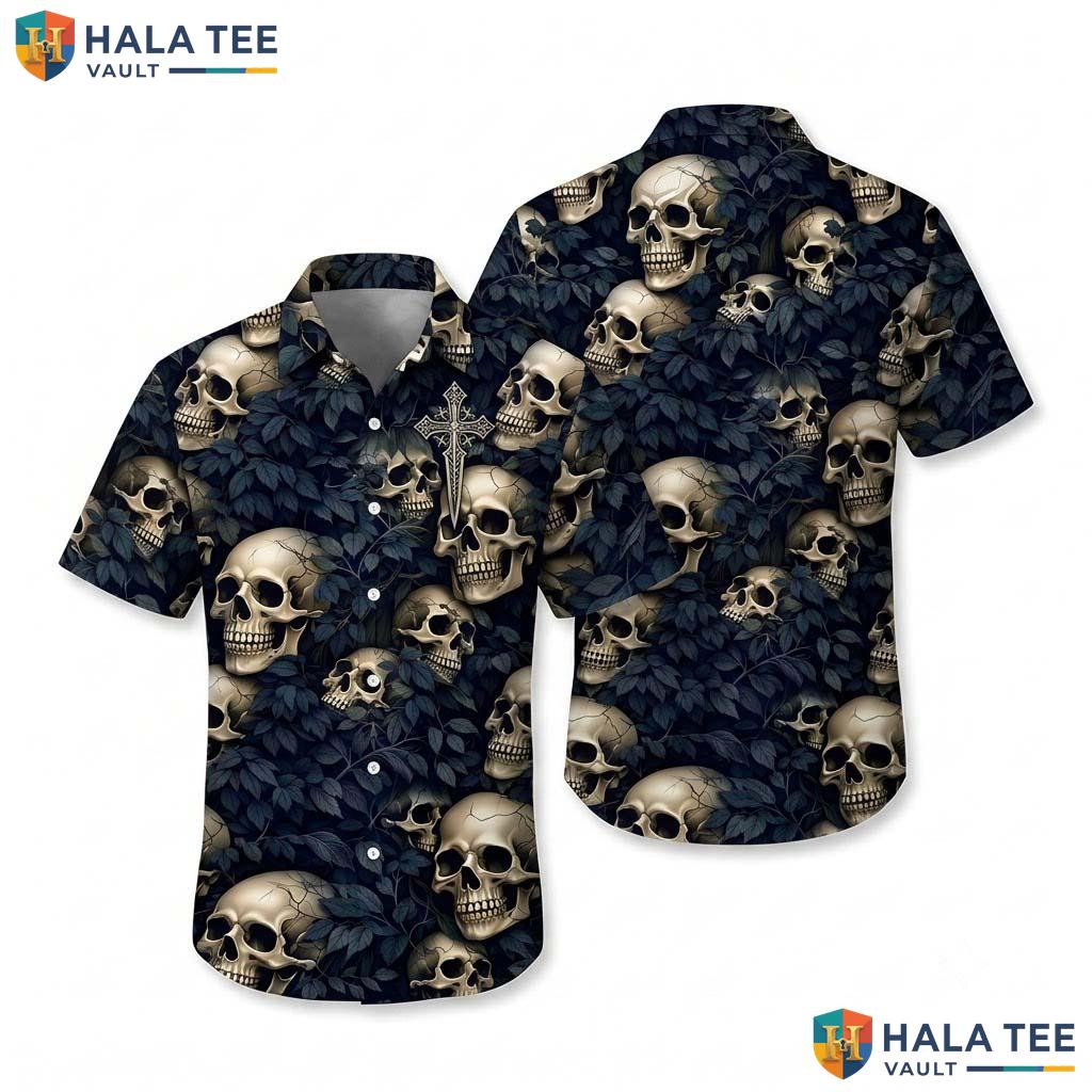 Navy Skull Funny Hawaiian Shirt Mens Novelty Graphic Aloha Beach Top