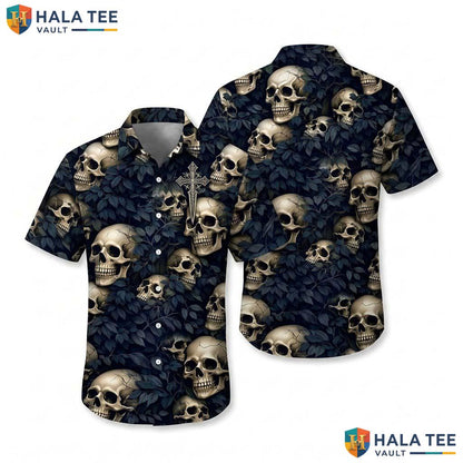 Navy Skull Funny Hawaiian Shirt Mens Novelty Graphic Aloha Beach Top