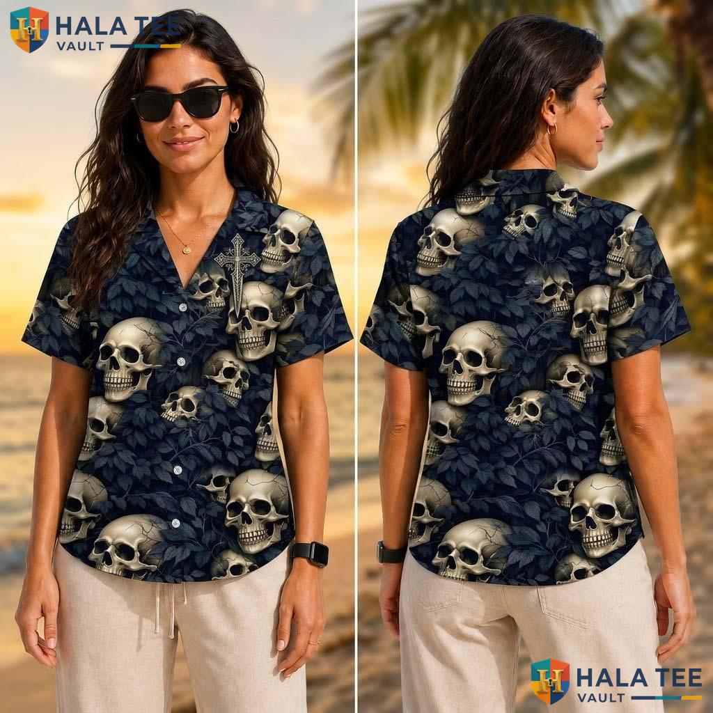 Navy Skull Funny Tropical Shirt Mens Novelty Graphic Aloha Beach Top