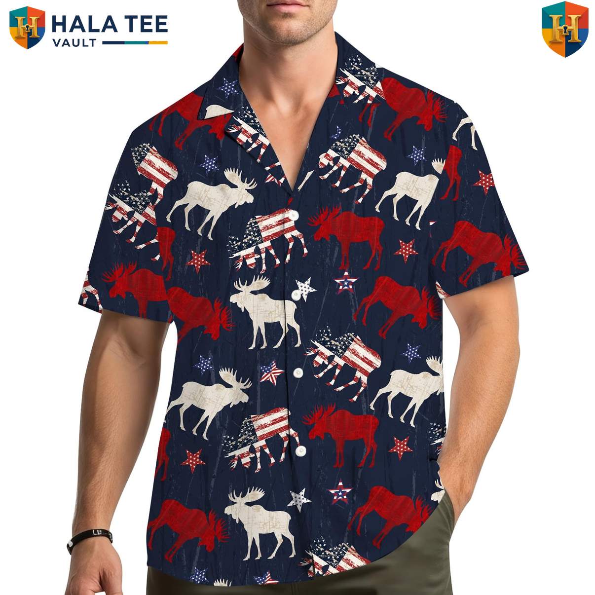 Navy USA Moose Aloha Shirt Mens Patriotic Wilderness Vacation Camp Clothing