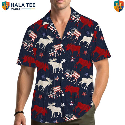 Navy USA Moose Aloha Shirt Mens Patriotic Wilderness Vacation Camp Clothing