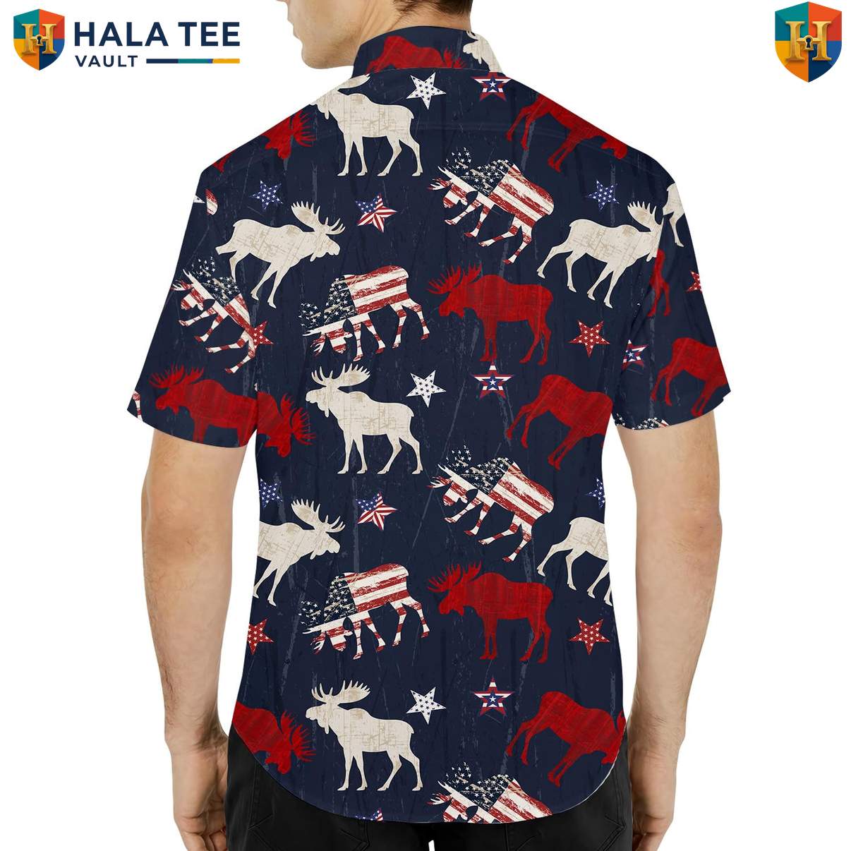 Navy USA Moose Aloha Tee Shirt Mens Patriotic Wilderness Vacation Camp Clothing