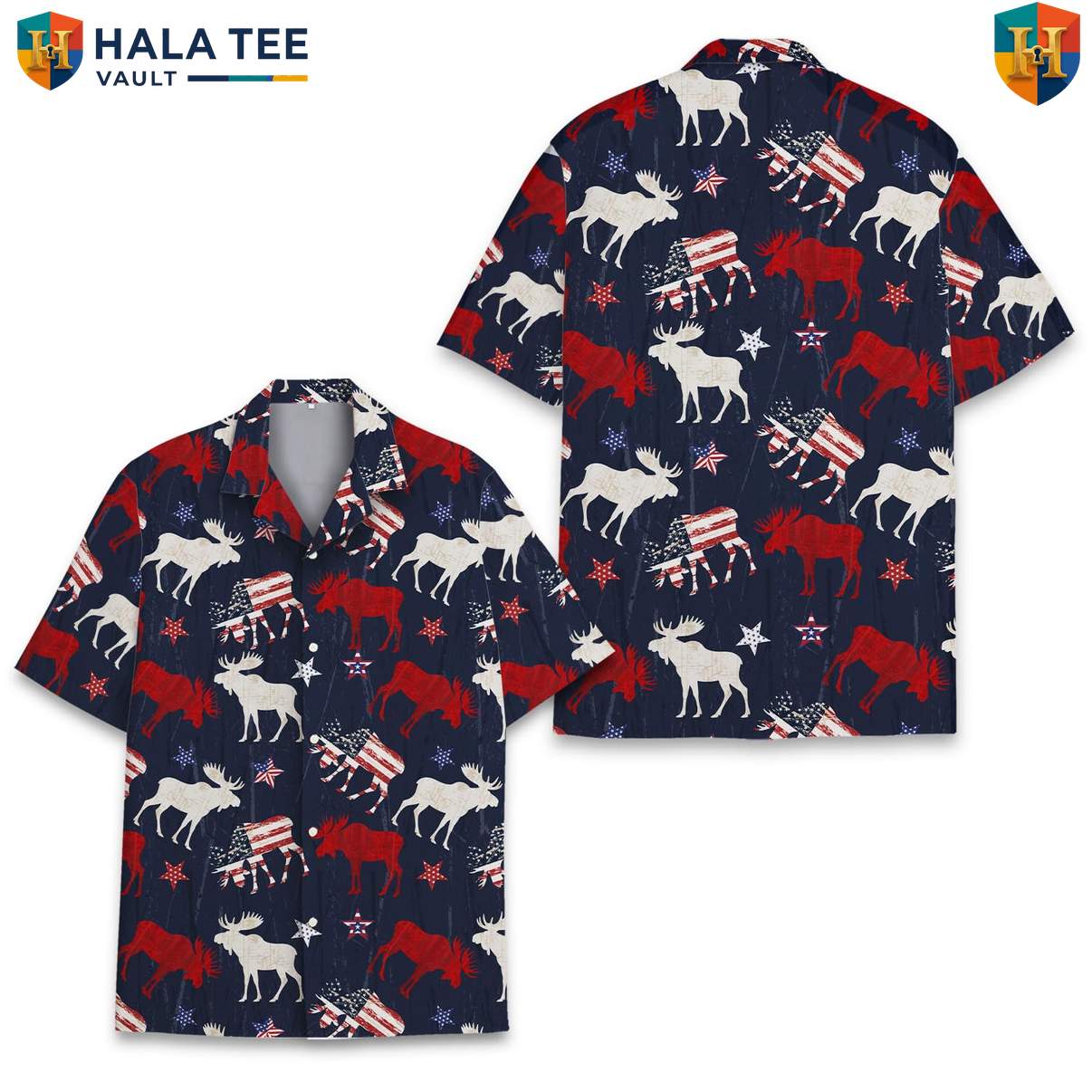 Navy USA Moose Aloha T-Shirt Mens Patriotic Wilderness Vacation Camp Clothing
