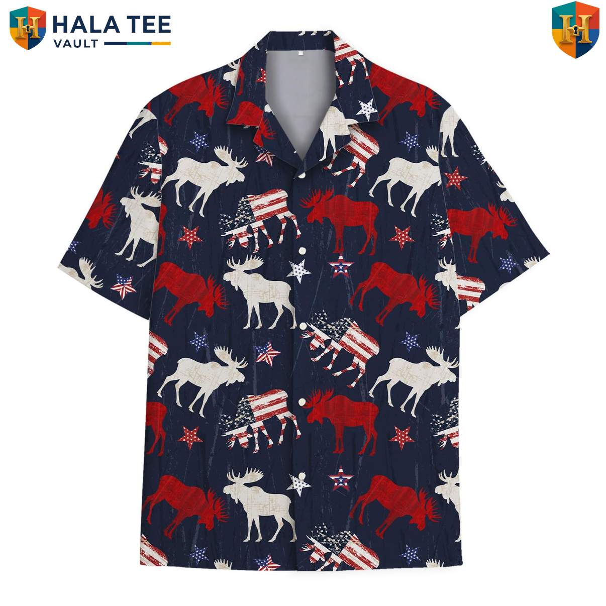 Navy USA Moose Aloha TShirt Mens Patriotic Wilderness Vacation Camp Clothing
