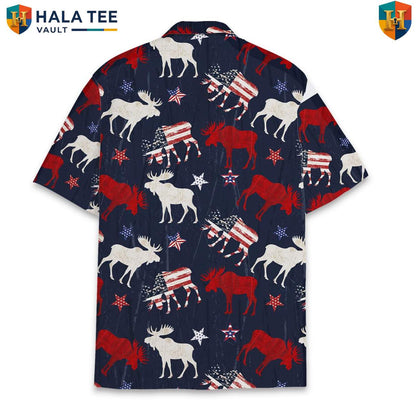 Navy USA Moose Aloha Tee Mens Patriotic Wilderness Vacation Camp Clothing