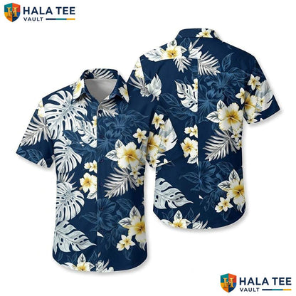 Navy White Floral Hawaiian Shirt Mens Tropical Casual Summer Beachwear